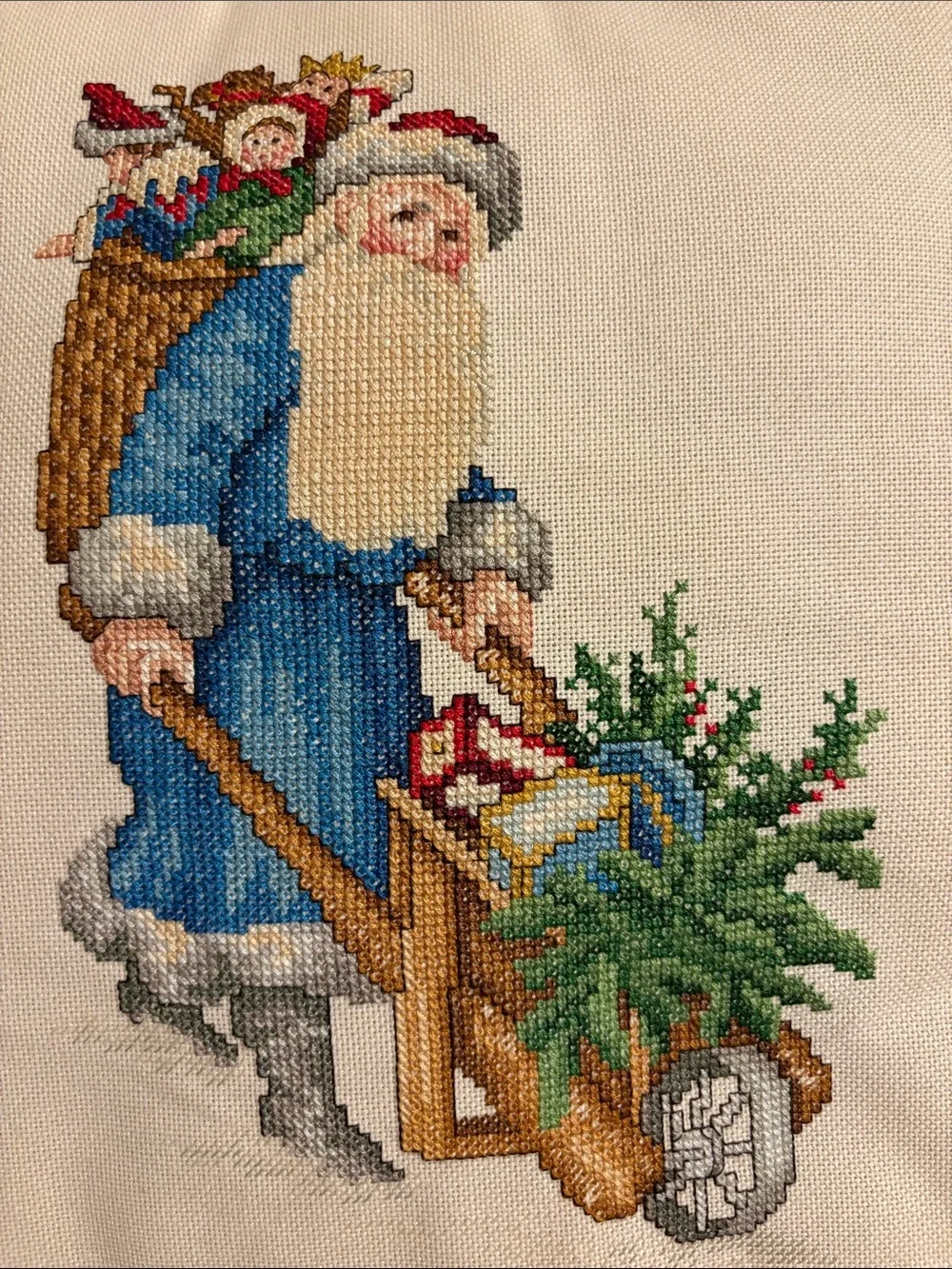 Vintage Handcrafted Cross Stitch Old World Santa Pillow